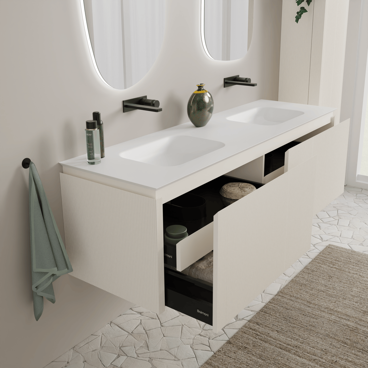 Balmani Eclips Doppelwaschtisch matt weiße Solid Surface 180 x 55 cm