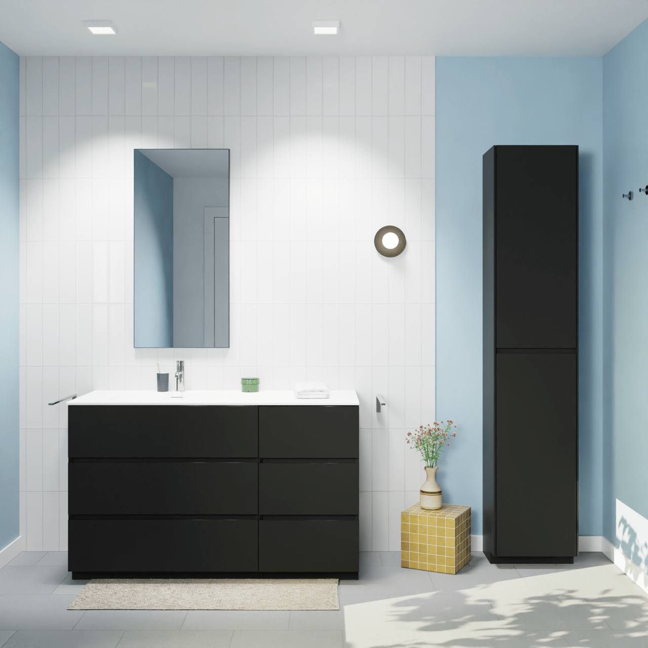 Storke Edge meuble salle de bains à poser 130 x 52 cm noir mat avec Mata plan vasque asymétrique à gauche en solid surface blanc mat