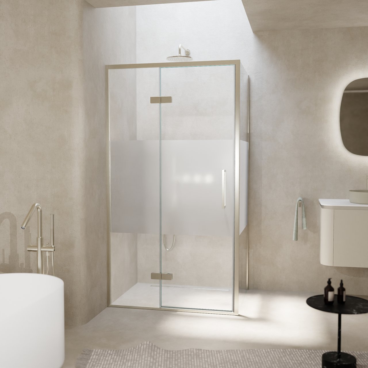 Balmani Senses Design Eckdusche: Drehtür (Links) mit fixierte Seitenwand, 100 x 90 cm, Klarglas mit mattiertem Streifen, Profil Brushed CoolMetal