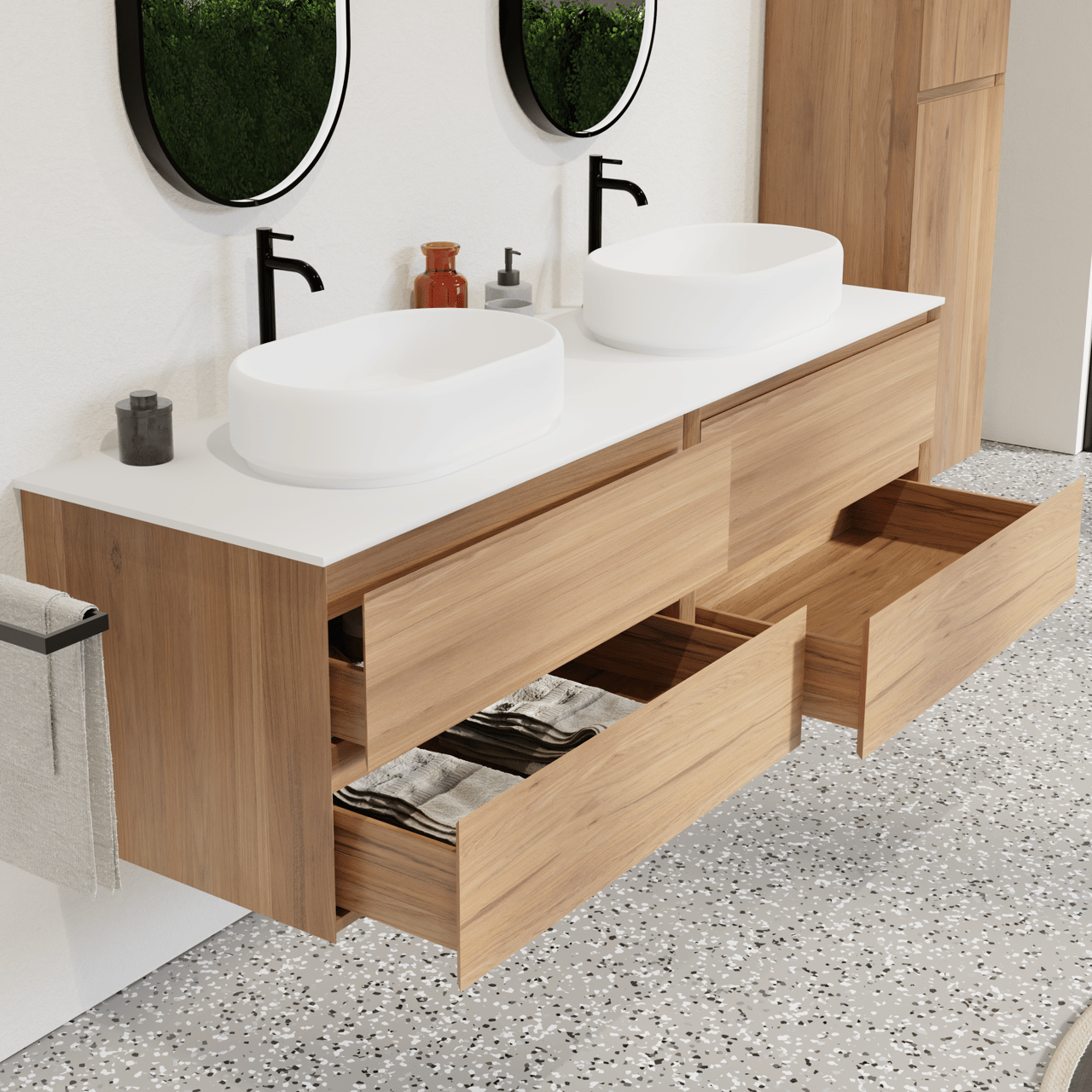 Balmani Mitra meuble salle de bains suspendu 180 x 55 cm teck avec Stretto tablette simple ou double en solid surface blanc mat