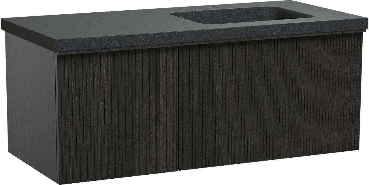 Balmani Forma hängendes Möbelstück Set: 120 x 55 cm, Schwarze Eiche, mit Napoli Waschtisch rechts, Granit, Schwarzes Granit, Vertikale symmetrische gerade Rippe