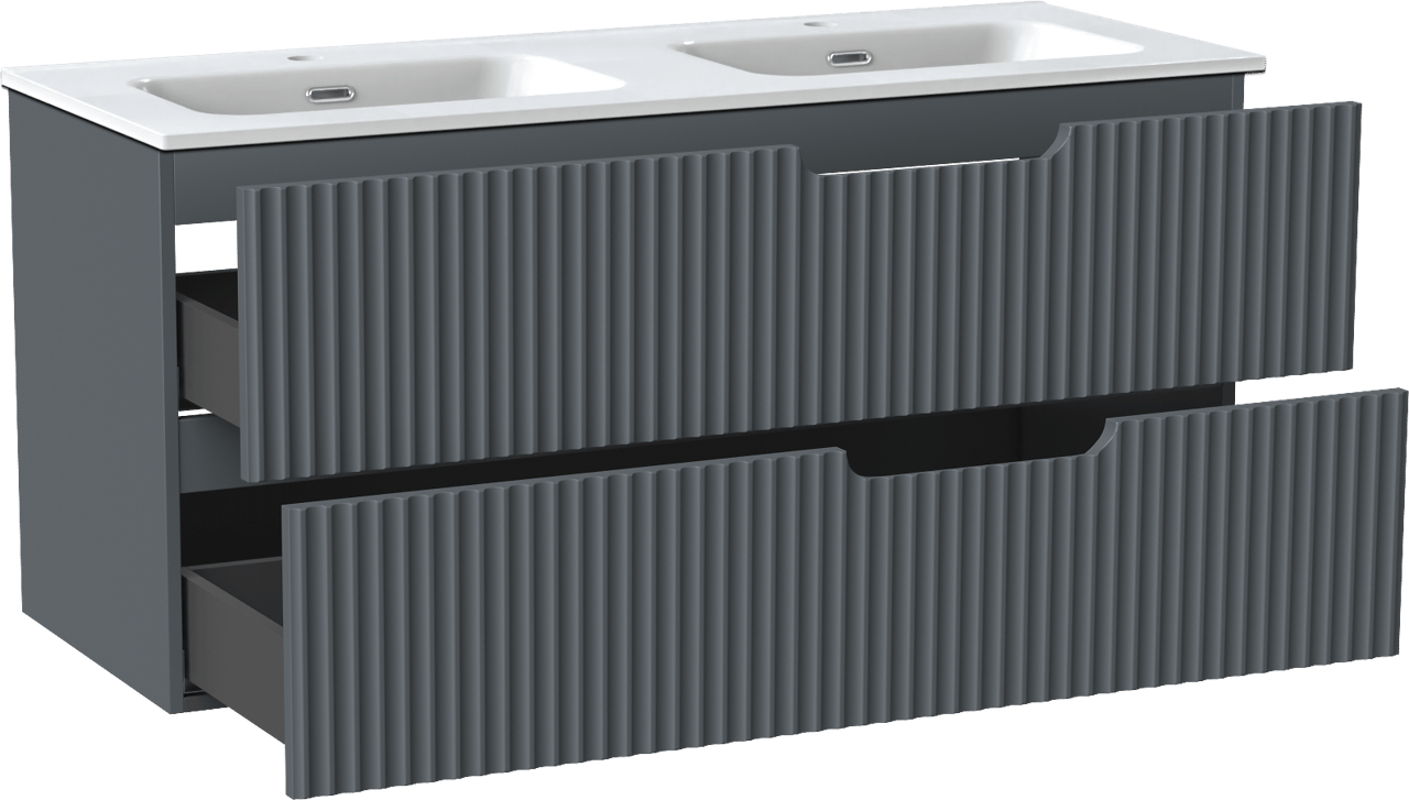 Linie Ribbo zwevend badmeubel 120 x 46 cm blauw antraciet met Baro dubbele wastafel in porselein hoogglans wit, Verticale symmetrische ronde ribbel