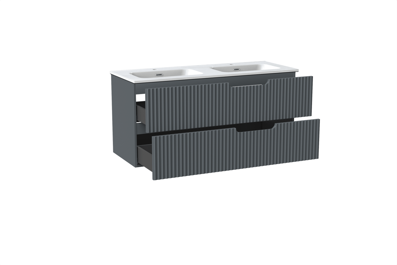 Linie Ribbo meuble salle de bains suspendu 120 x 46 cm bleu anthracite avec Baro double vasque en porcelaine blanc brillant, Nervure circulaire symétrique verticale