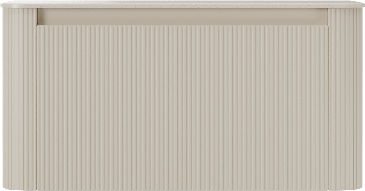 Storke Soft zwevend badkamermeubel 100 x 46 cm Sand mat met Tavola Soft enkele tablet in solid surface beige granita, Verticale symmetrische rechte ribbel