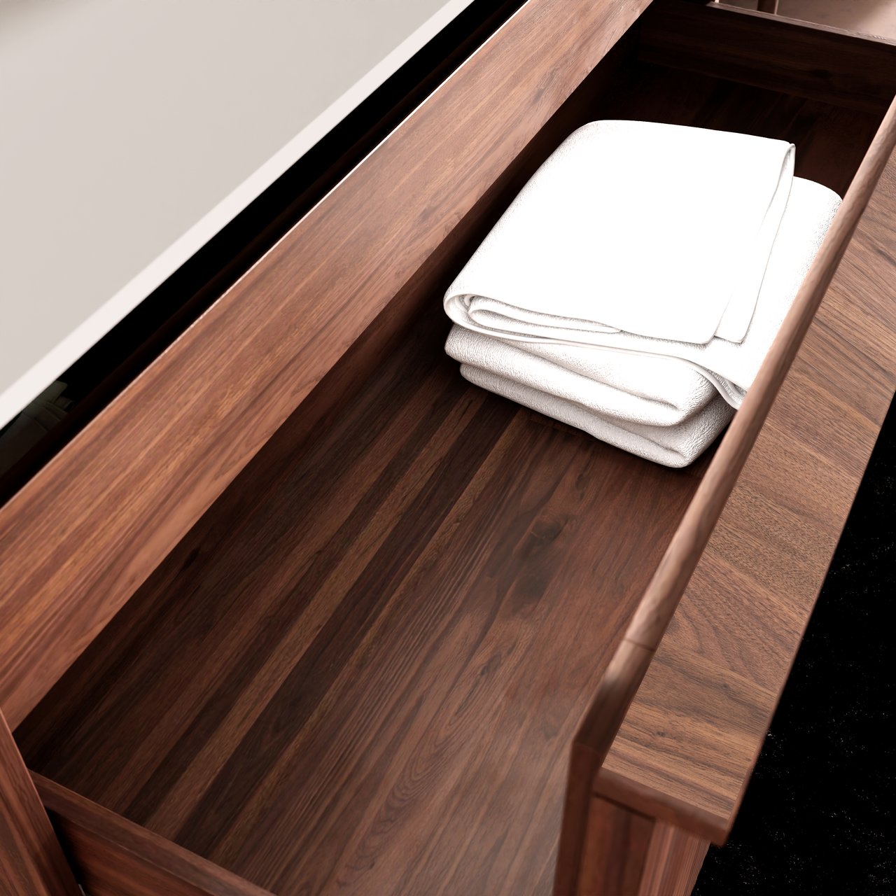 Balmani Forma meuble salle de bains suspendu 120 x 55 cm noyer américain avec Tablo Arcato lavabo simple pour 2 trous de robinet en granit noir, Nervure droite symétrique verticale