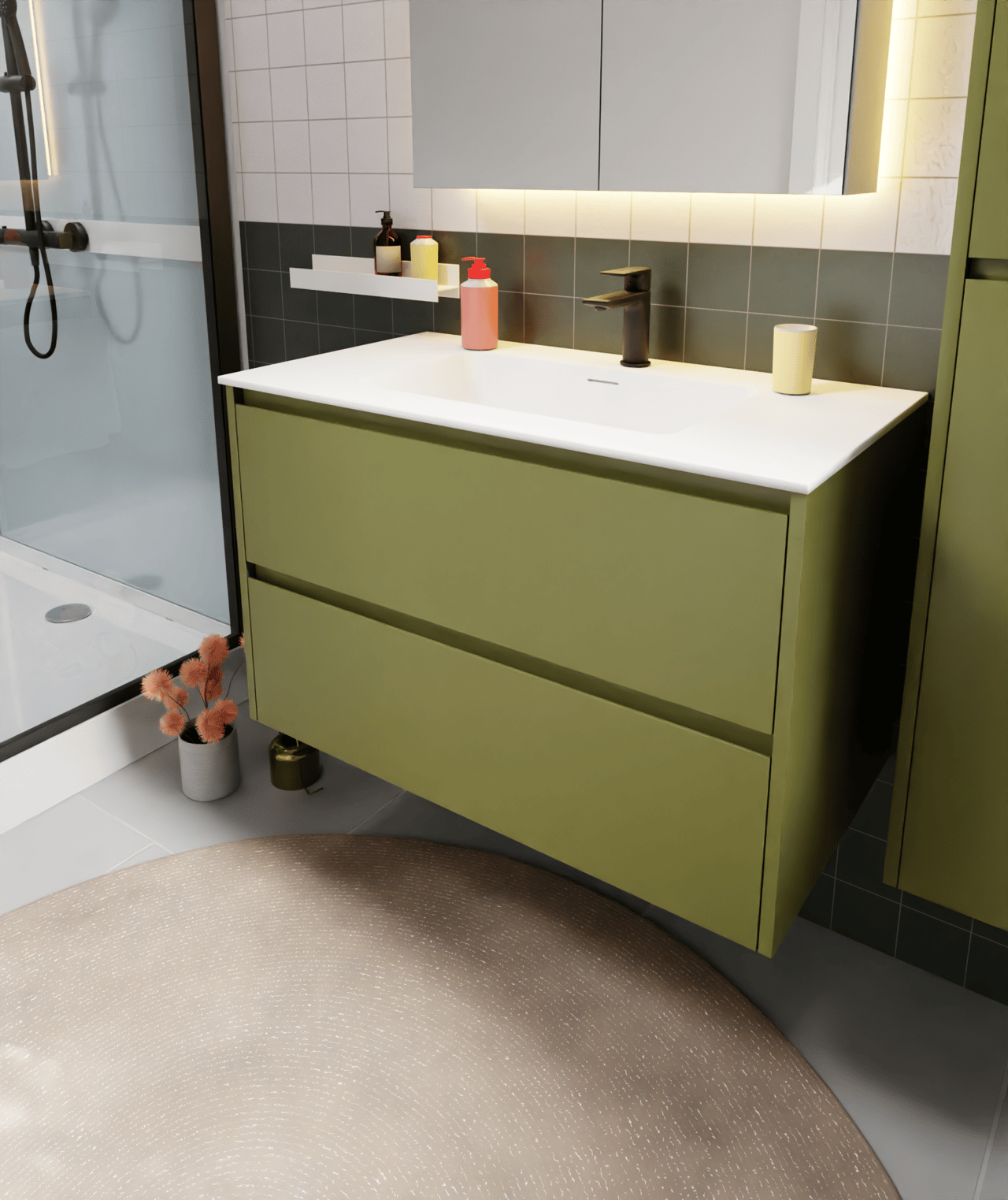 Storke Seda hängender Waschbeckenunterschrank: 95 x 52 cm, Olivgrün, 2 Schubladen