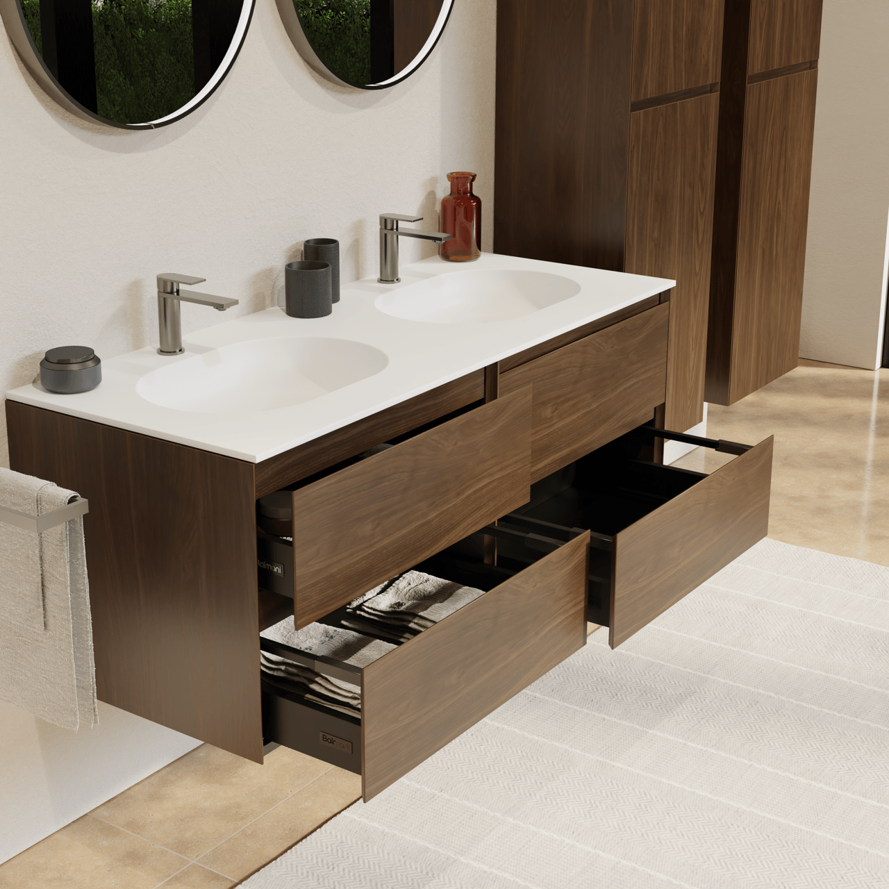 Balmani Mitra meuble salle de bains suspendu 135 x 55 cm noyer américain avec Tablo Oval double vasque en solid surface blanc mat