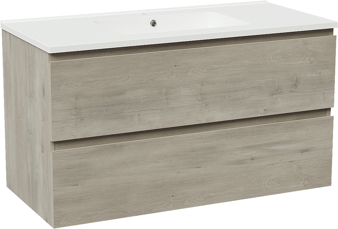 Linie Lado zwevend badmeubel 100 x 46 cm grijs eiken met Vano enkele wastafel in composietmarmer hoogglans wit