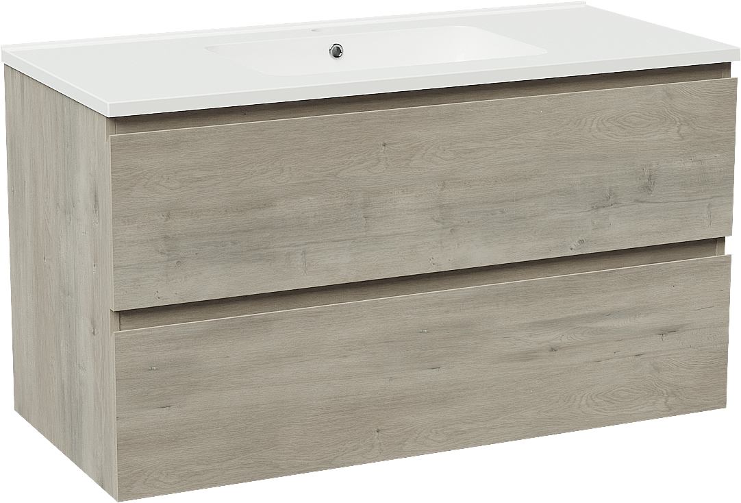 Linie Lado hängendes Möbelstück Set: 100 x 46 cm, Graue Eiche, mit Vano Einzelwaschtisch, Marmorkomposit Weiß glänzend