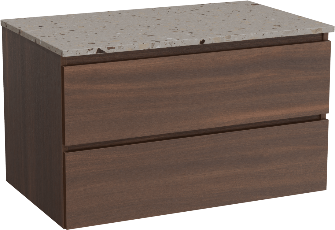 Balmani Lucida meuble salle de bains suspendu 90 x 55 cm noyer américain avec Stretto tablette simple en terrazzo greige terrazzo