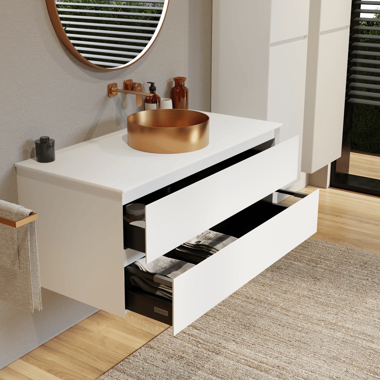 Balmani Mitra hängendes Möbelstück Set: 120 x 55 cm, Weiß matt, mit Stretto Einzel- oder Doppel Waschtischplatte, Solid Surface Weiß matt