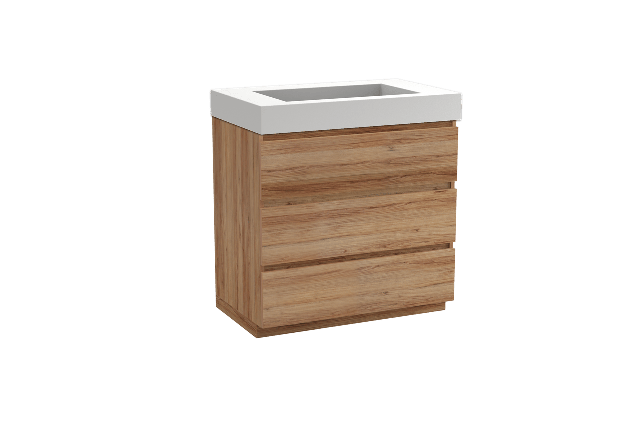 Balmani Lucida meuble salle de bains à poser 90 x 55 cm teck avec Modus plan simple en solid surface blanc mat