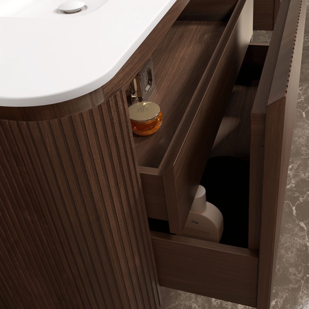 Balmani Moon hängendes Möbelstück Set: 100 x 55 cm, Amerikanischer Nussbaum, mit Moon Einzelwaschtisch, Solid Surface, Weiß matt, Vertikale symmetrische gerade Rippe