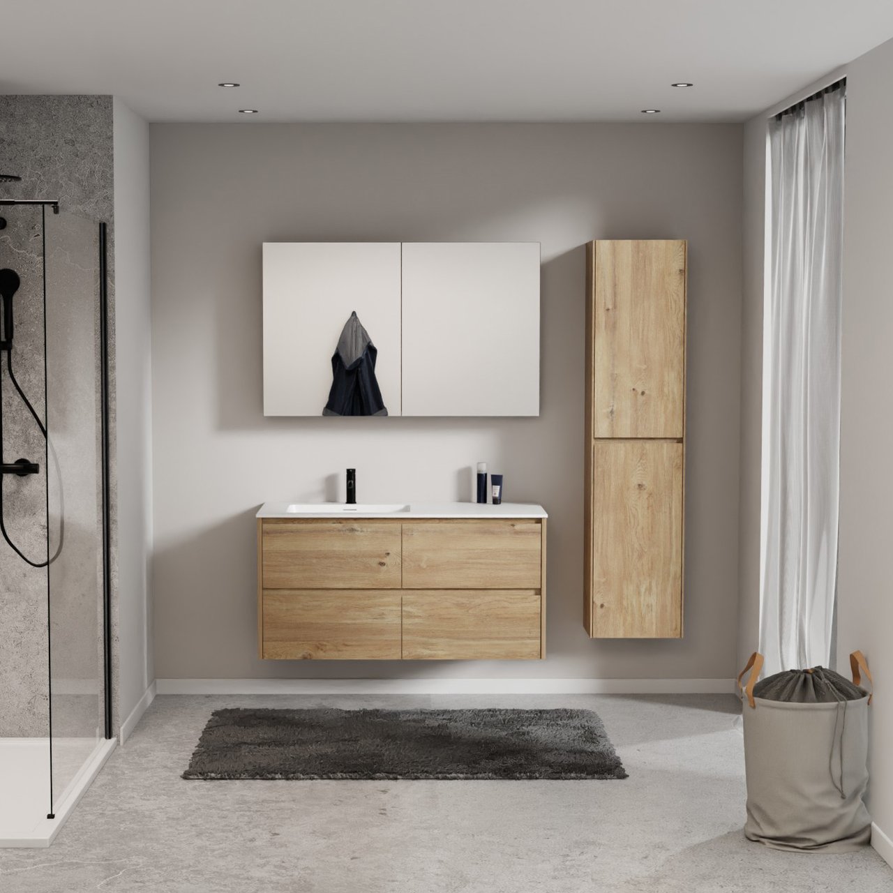 Storke Seda zwevend badmeubel 120 x 52 cm ruw eiken met Mata asymmetrisch linkse wastafel in solid surface mat wit