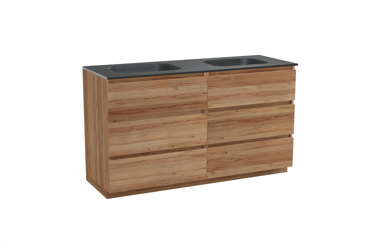 Balmani Lucida freistehendes Möbelstück Set: 150 x 55 cm, Teak, mit Tablo Arcato Doppelwaschtisch, Schwarzes Granit