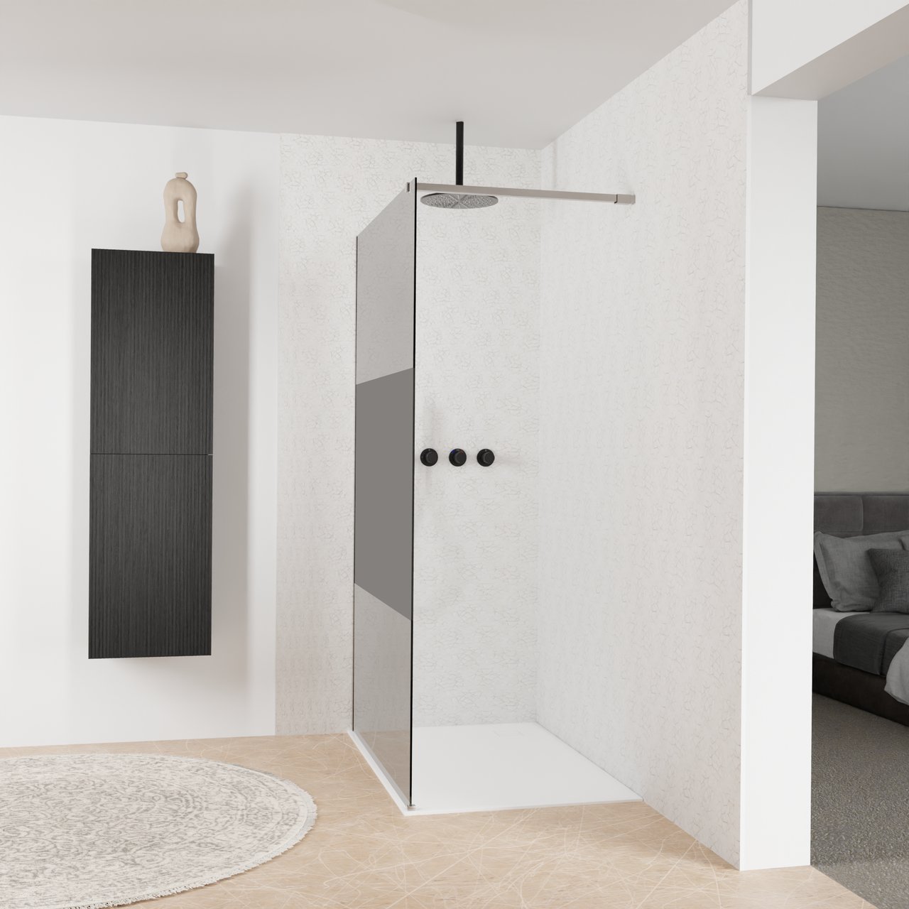 Balmani Modular douche à l'italienne: 120 x 200 cm, Verre fumé avec bande mate, Profil Brushed Inox