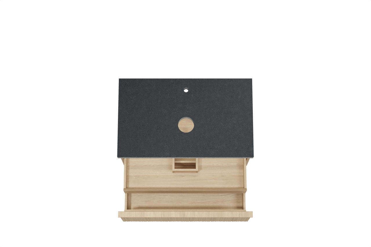 Balmani Forma hängendes Möbelstück Set: 90 x 55 cm, Naturbelassene Eiche, mit Rock Einzel Waschtischplatte, Granit, Schwarzes Granit, Vertikale asymmetrische Runde Rippe