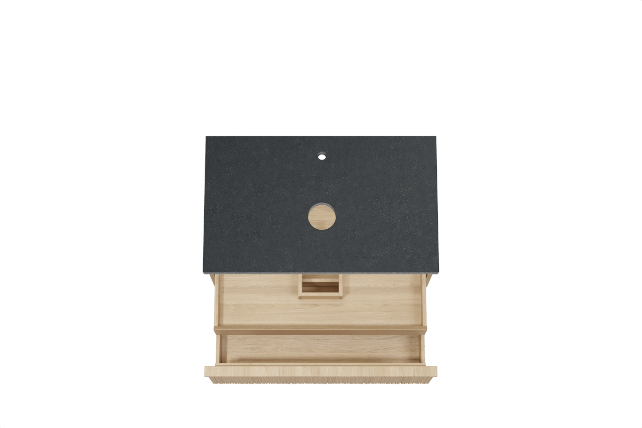 Balmani Forma hängendes Möbelstück Set: 90 x 55 cm, Naturbelassene Eiche, mit Rock Einzel Waschtischplatte, Granit, Schwarzes Granit, Vertikale asymmetrische Runde Rippe