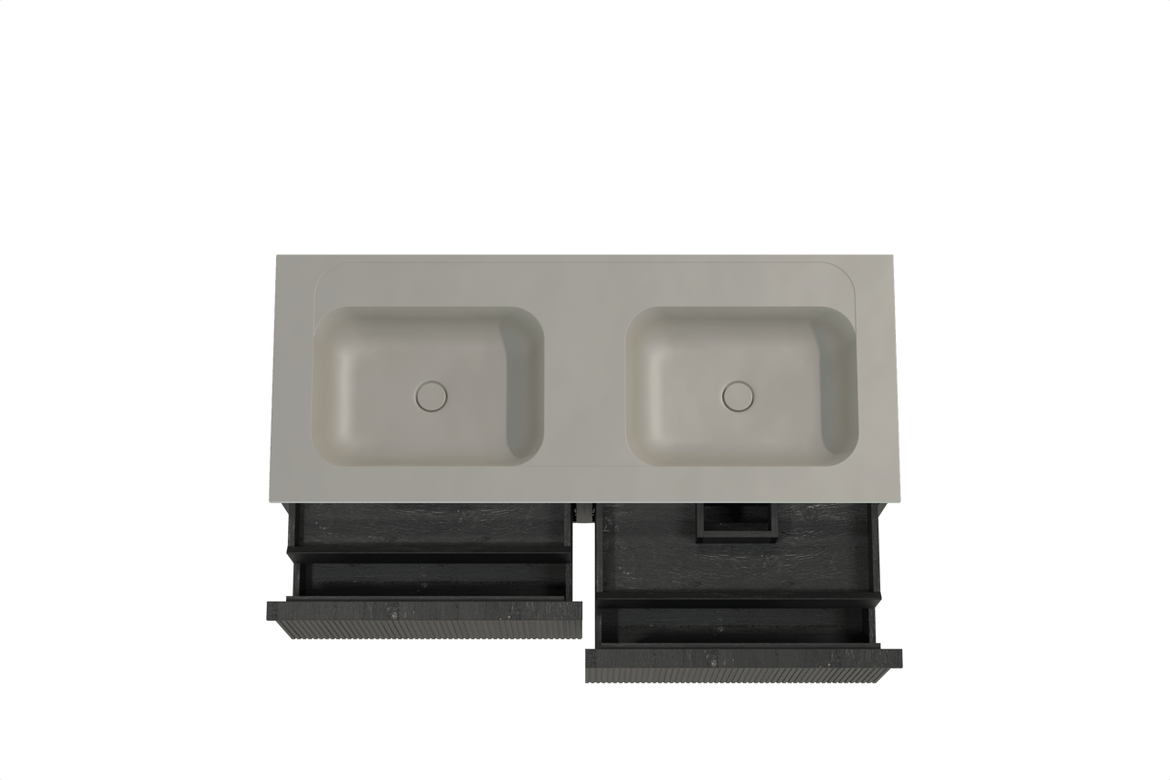 Balmani Forma zwevend badkamermeubel 135 x 55 cm zwarte eik met Tablo Strada dubbele wastafel in composietmarmer zijdegrijs, Verticale symmetrische rechte ribbel