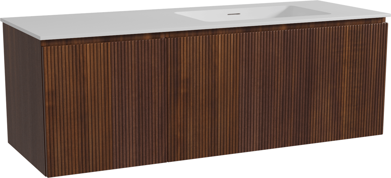 Storke Ribs zwevend badmeubel 140 x 52 cm notenhout met Mata asymmetrisch rechtse wastafel in solid surface mat wit, Verticale symmetrische rechte ribbel