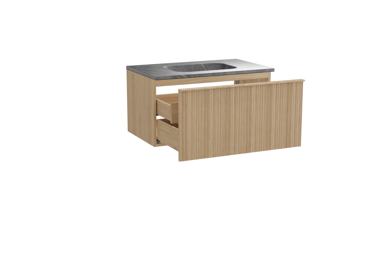 Balmani Forma zwevend badkamermeubel 90 x 55 cm natuur eik met Tablo Arcato enkele wastafel in marmer pietra grey, Verticale asymmetrische ronde ribbel