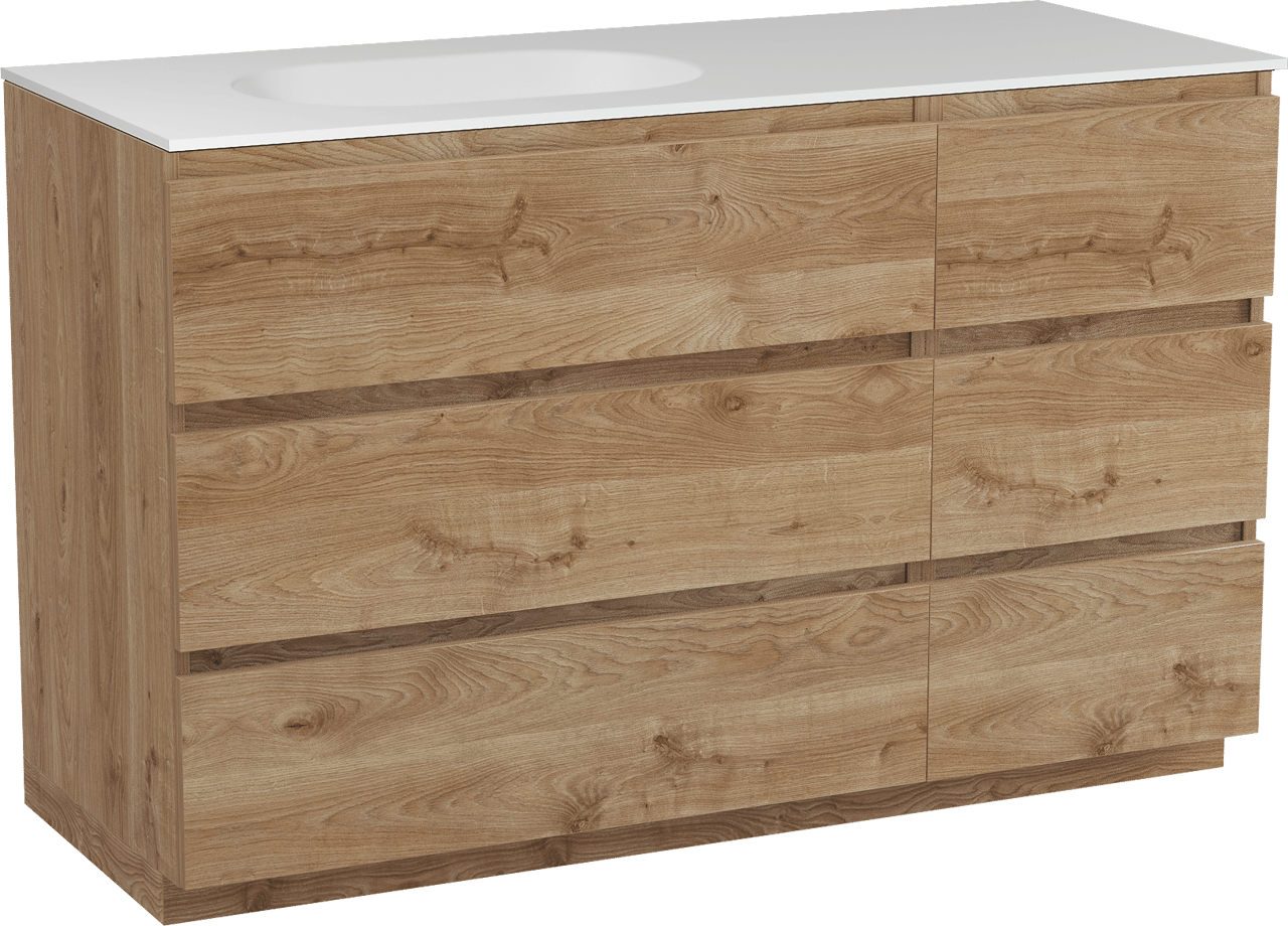 Balmani Lucida freistehendes Möbelstück Set: 135 x 55 cm, Rohe Eiche, mit Tablo Oval Waschtisch links, Solid Surface Weiß matt