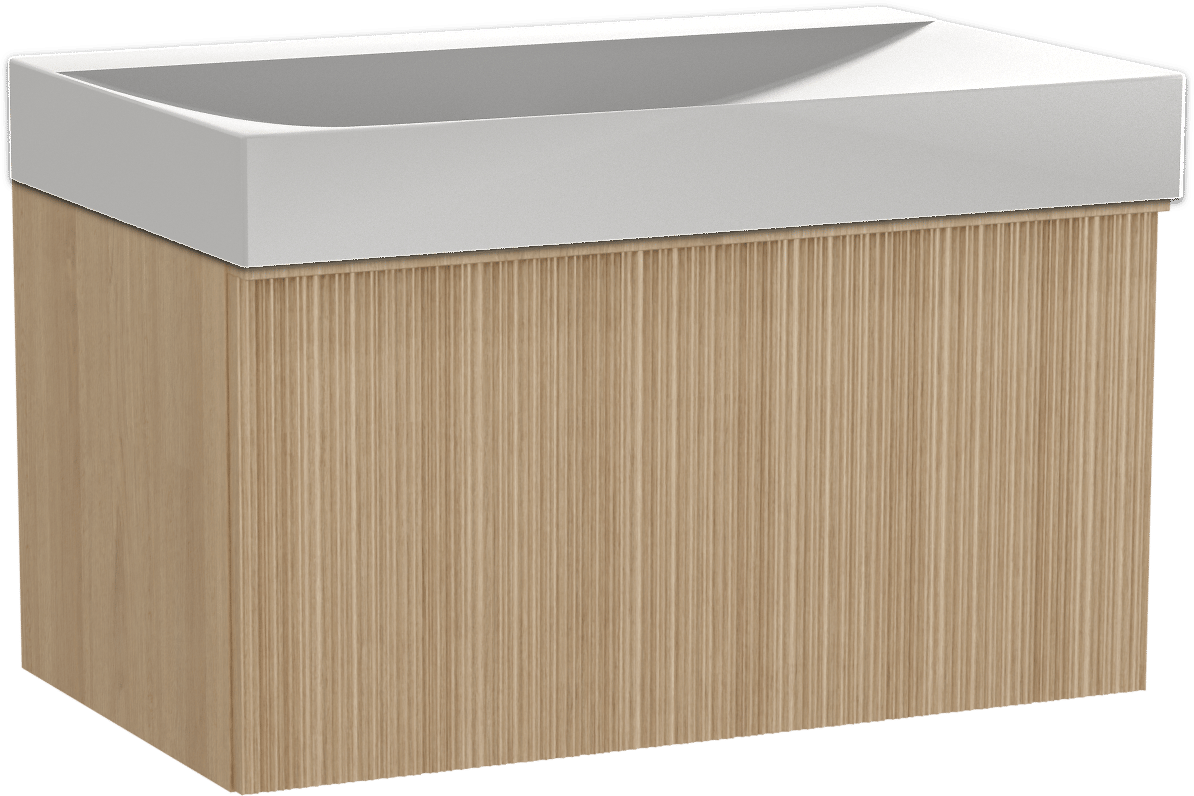 Balmani Forma meuble salle de bains suspendu 90 x 55 cm chêne naturel avec Wave plan simple en solid surface blanc mat, Nervure circulaire asymétrique verticale