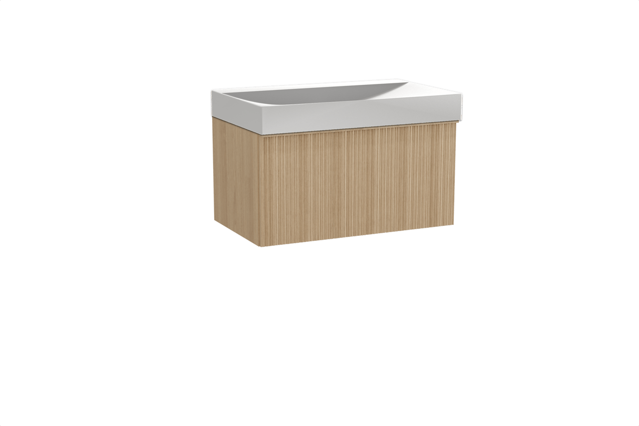 Balmani Forma hängendes Möbelstück Set: 90 x 55 cm, Naturbelassene Eiche, mit Wave Einzelwaschtisch, Solid Surface, Weiß matt, Vertikale asymmetrische Runde Rippe