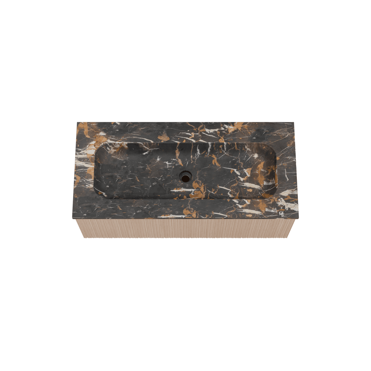 Balmani Forma zwevend badmeubel 120 x 55 cm naturel eiken met Tablo Arcato enkele wastafel voor 2 kraangaten in marmer portoro gold, Verticale asymmetrische ronde ribbel