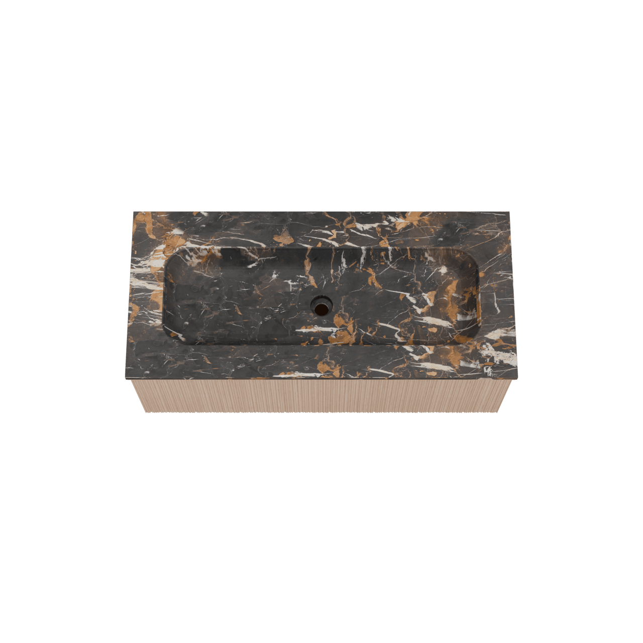 Balmani Forma hängendes Möbelstück Set: 120 x 55 cm, Naturbelassene Eiche, mit Tablo Arcato Einzelwaschtisch für 2 Armaturenlöcher, Marmor, Portoro Gold, Vertikale asymmetrische Runde Rippe