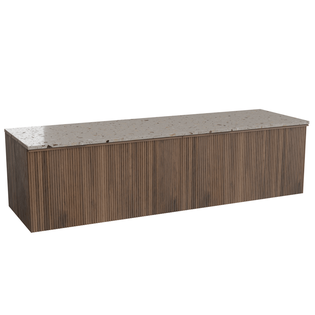 Balmani Forma zwevend badkamermeubel 180 x 55 cm amerikaanse notelaar met Stretto enkel of dubbel tablet in terrazzo greige terrazzo, Verticale symmetrische rechte ribbel