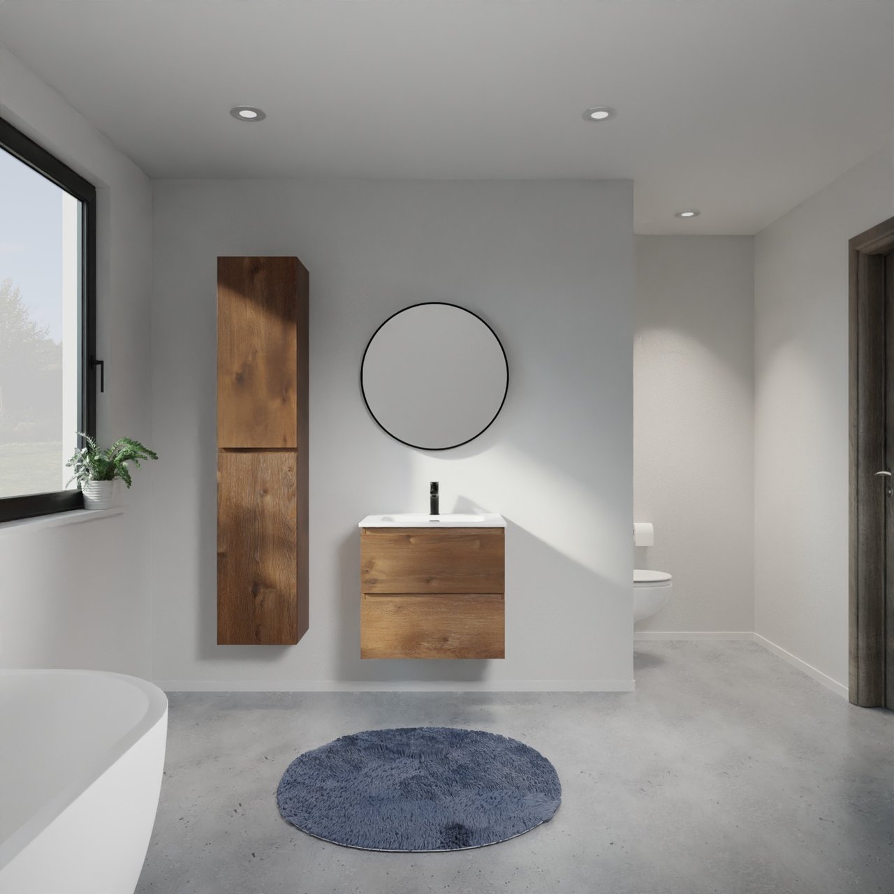 Linie Lado meuble salle de bains suspendu 60 x 46 cm chêne brun avec Baro plan simple en porcelaine blanc brillant