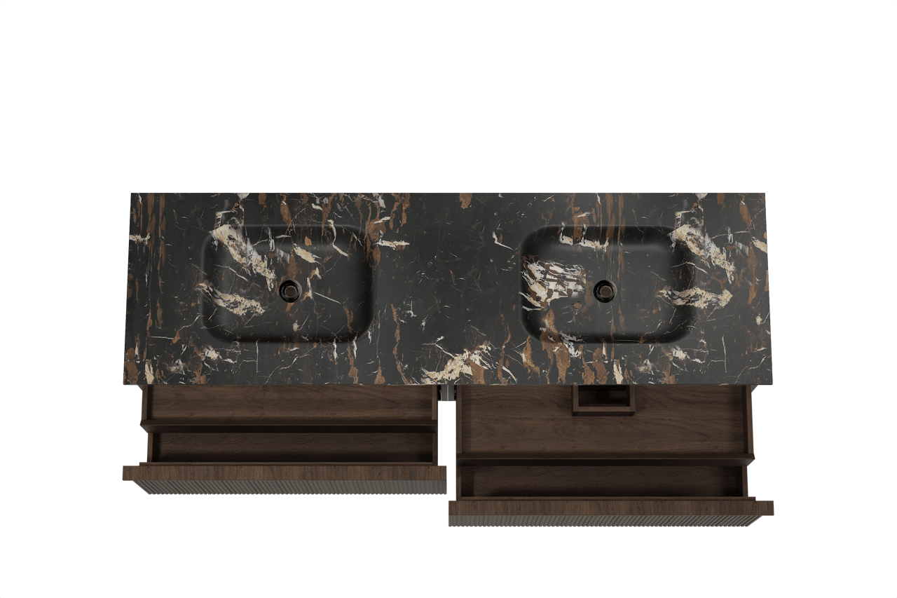 Balmani Forma zwevend badkamermeubel 180 x 55 cm gerookte eik met Tablo Arcato dubbele wastafel in marmer portoro gold, Verticale symmetrische rechte ribbel