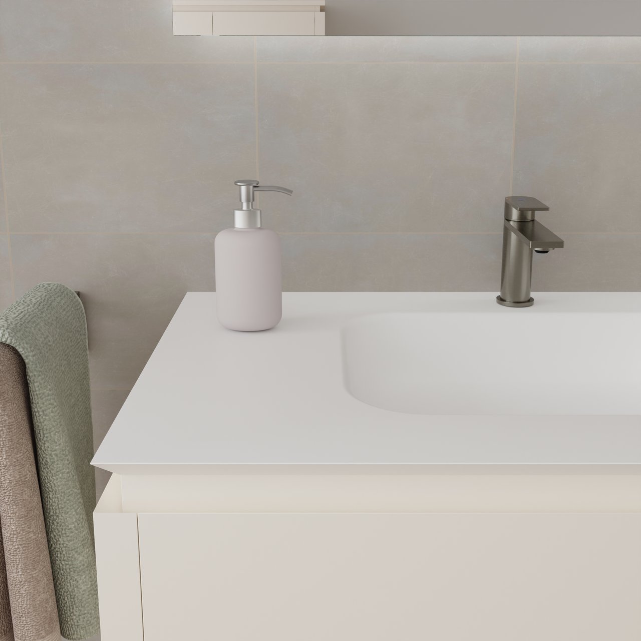 Balmani Eclips hängendes Möbelstück Set: 120 x 55 cm, Sandbeige, mit Eclips Einzelwaschtisch Solid Surface Weiβ matt