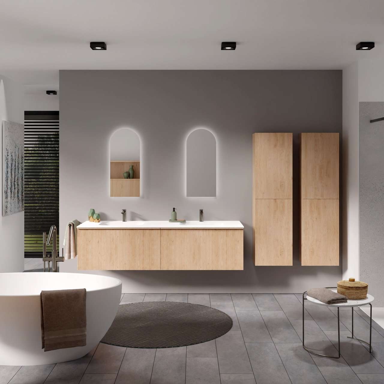 Balmani Forma meuble salle de bains suspendu 180 x 55 cm chêne naturel avec Tablo Arcato double vasque en solid surface blanc mat, Nervure droite symétrique verticale