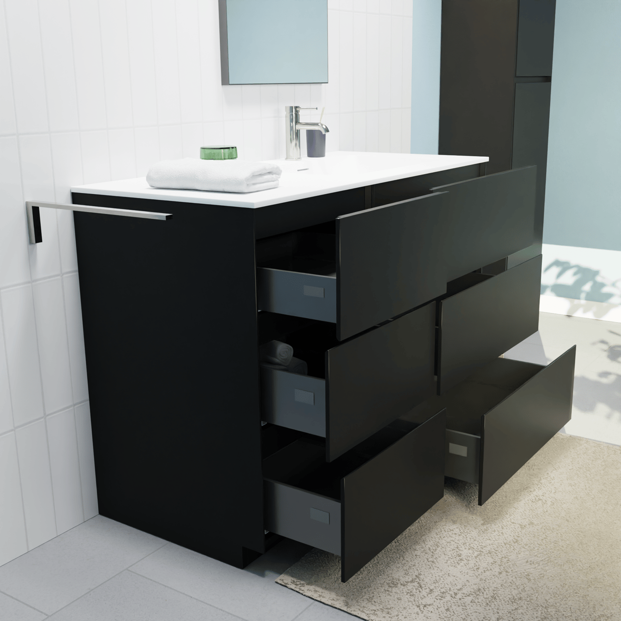 Storke Edge staand badkamermeubel 110 x 52 cm mat zwart met Mata asymmetrisch rechtse wastafel in solid surface mat wit