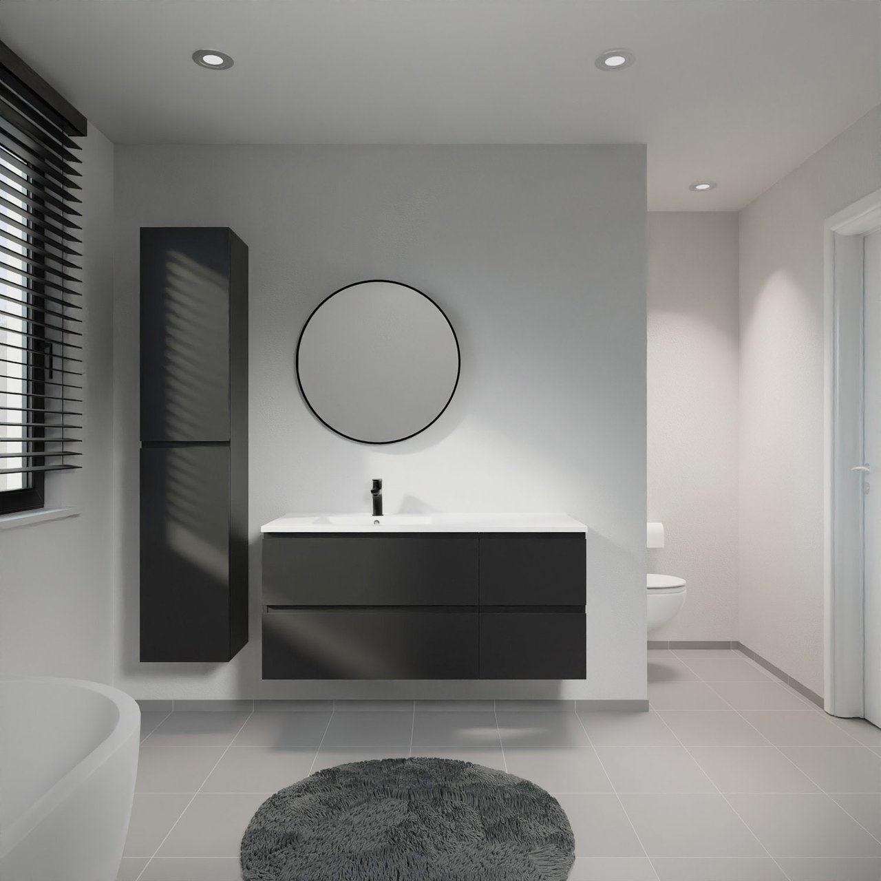 Linie Lado hängendes Möbelstück Set: 120 x 46 cm, Schwarz matt, mit Vano Waschtisch links, Marmorkomposit Weiß glänzend