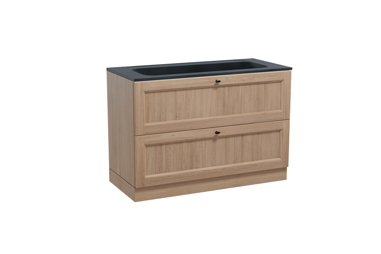 Balmani Lemon staand badkamermeubel 120 x 55 cm verweerde eik met Tablo Strada enkele wastafel voor 2 kraangaten in composietmarmer mat zwart