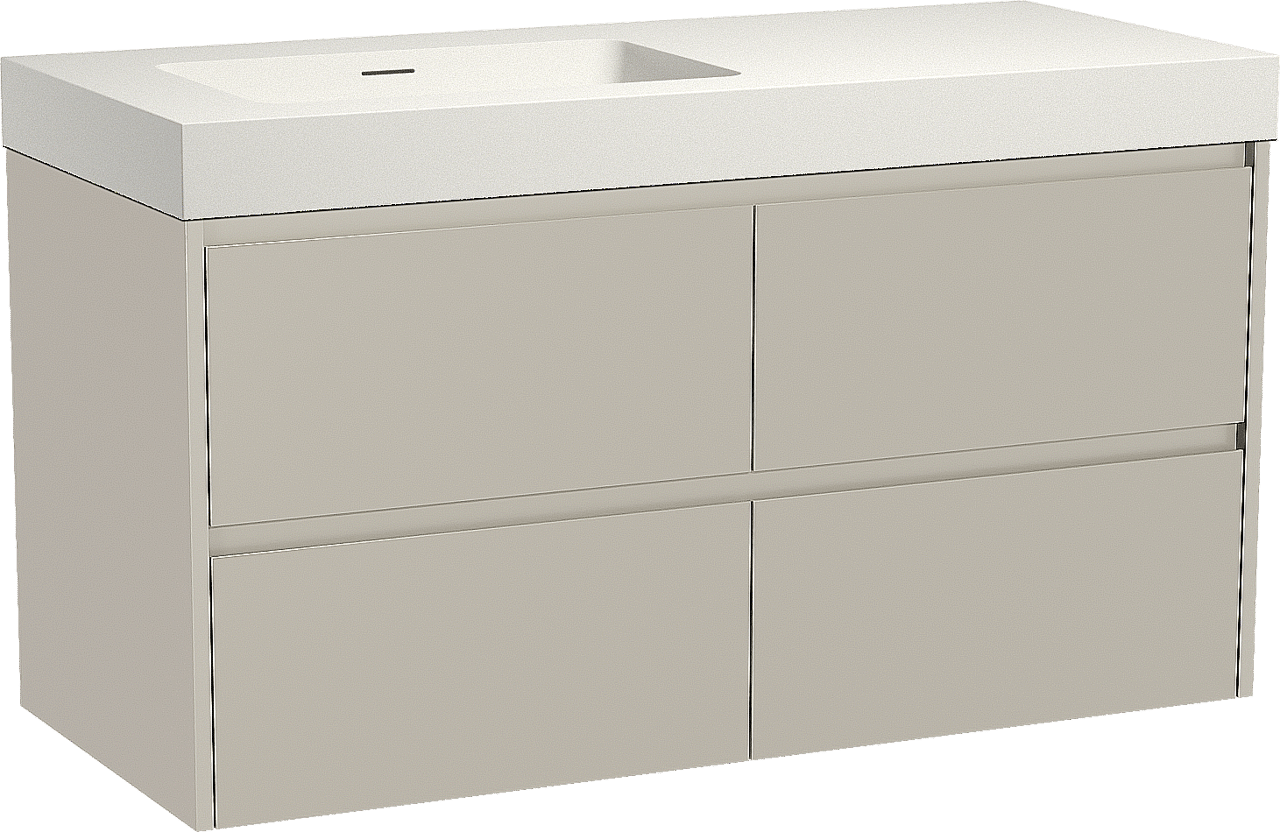 Storke Seda hängendes Möbelstück Set: 120 x 52 cm, Seidengrau, mit Mata High Waschtisch links, Solid Surface Weiß matt