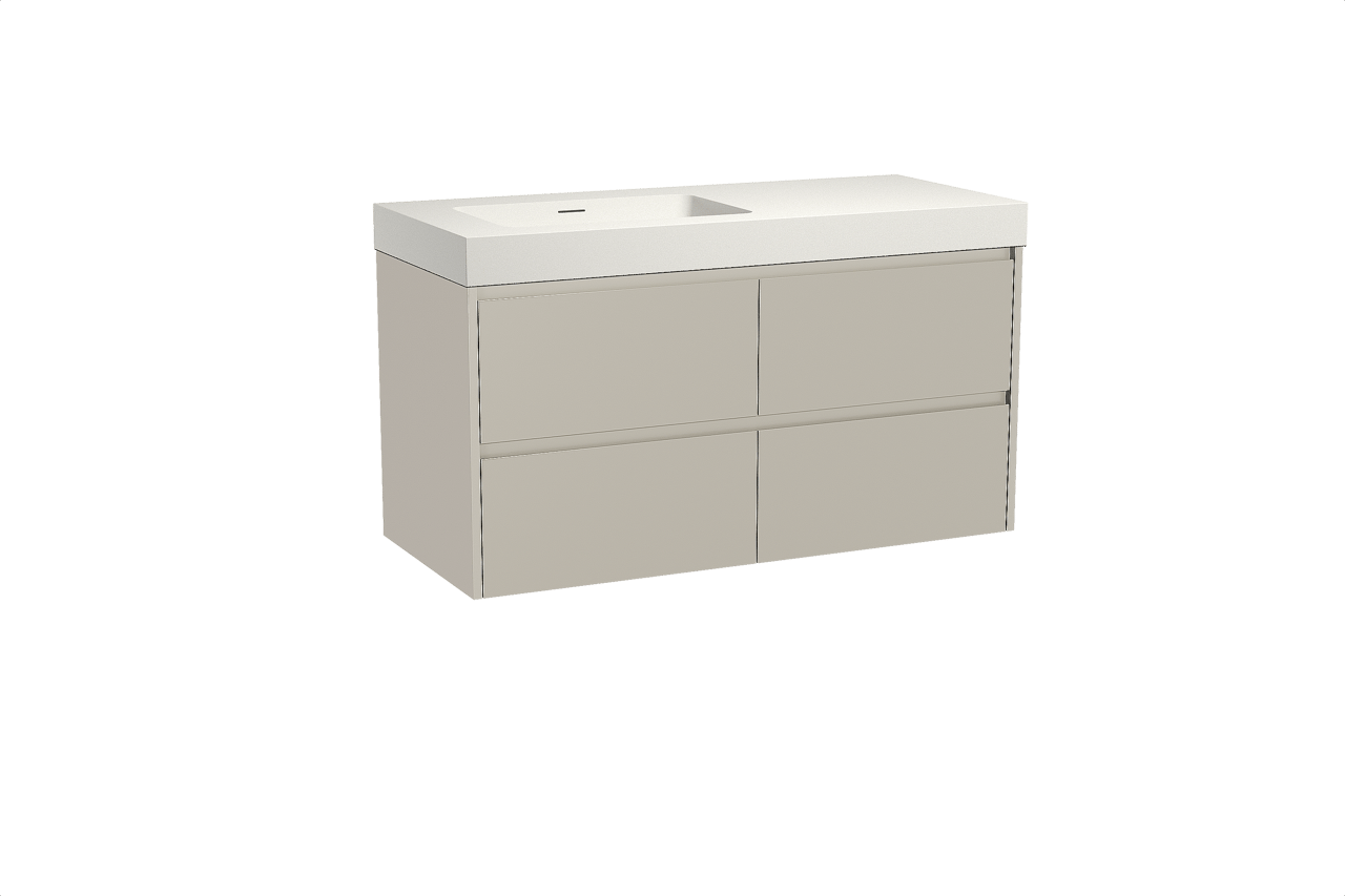 Storke Seda meuble salle de bains suspendu 120 x 52 cm soie grise avec Mata High vasque asymétrique gauche en solid surface blanc mat