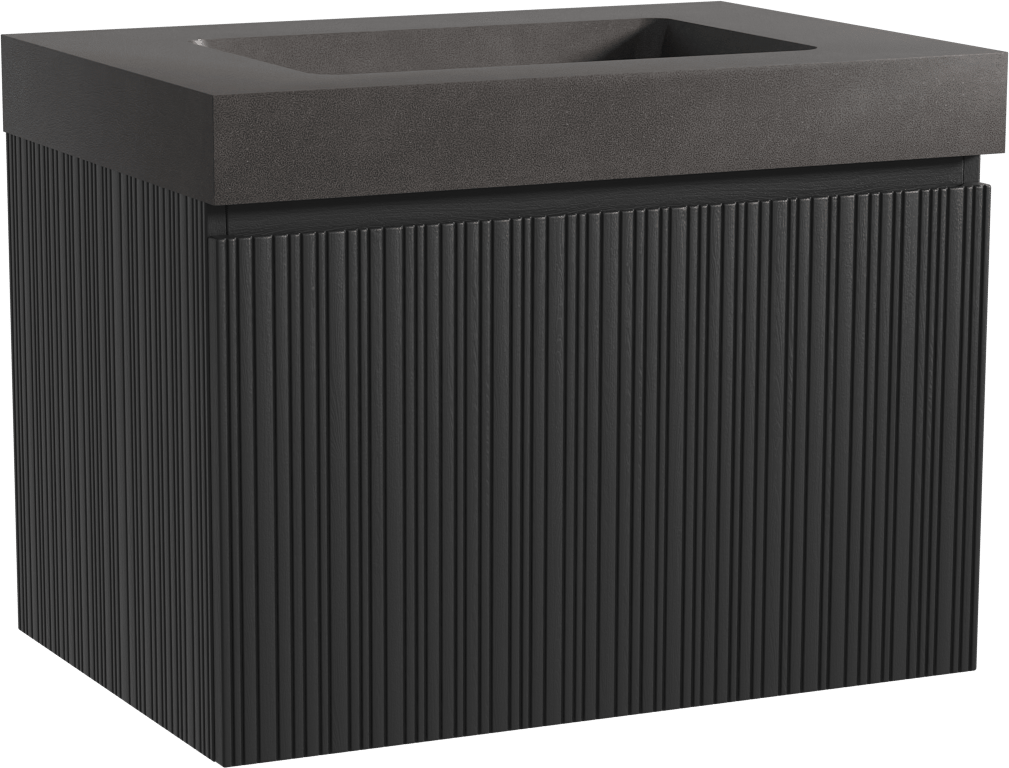 Storke Ribs zwevend badmeubel 75 x 52 cm zwart eiken met Scuro High enkele wastafel in kwarts mat zwart, Verticale asymmetrische rechte ribbel