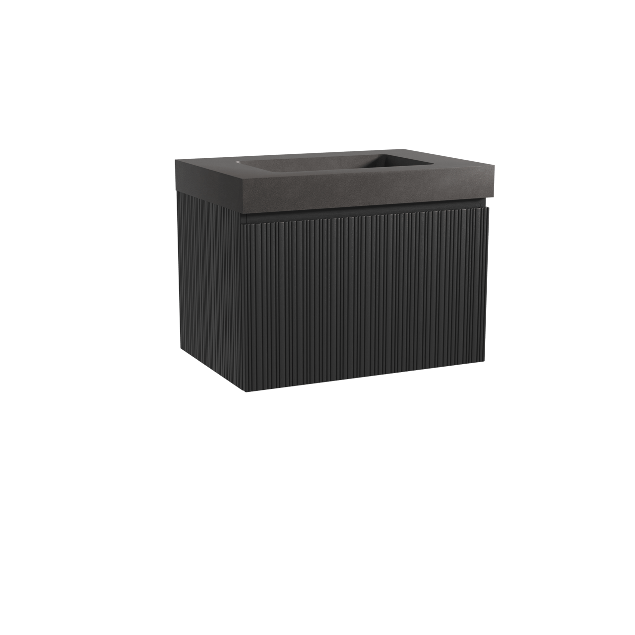 Storke Ribs zwevend badkamermeubel 75 x 52 cm zwarte eik met Scuro High enkele wastafel in kwarts mat zwart, Verticale asymmetrische rechte ribbel