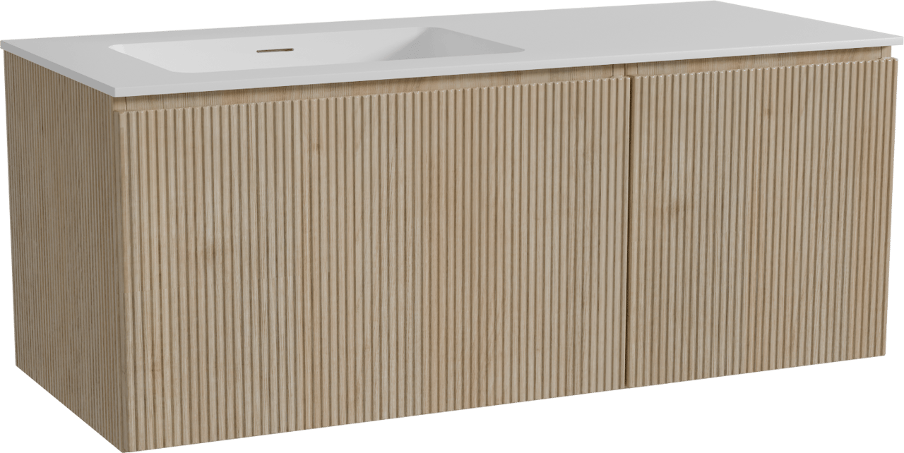 Storke Ribs hängendes Möbelstück Set: 120 x 52 cm, Rohe Eiche, mit Mata Waschtisch links, Solid Surface, Weiß matt, Vertikale symmetrische gerade Rippe