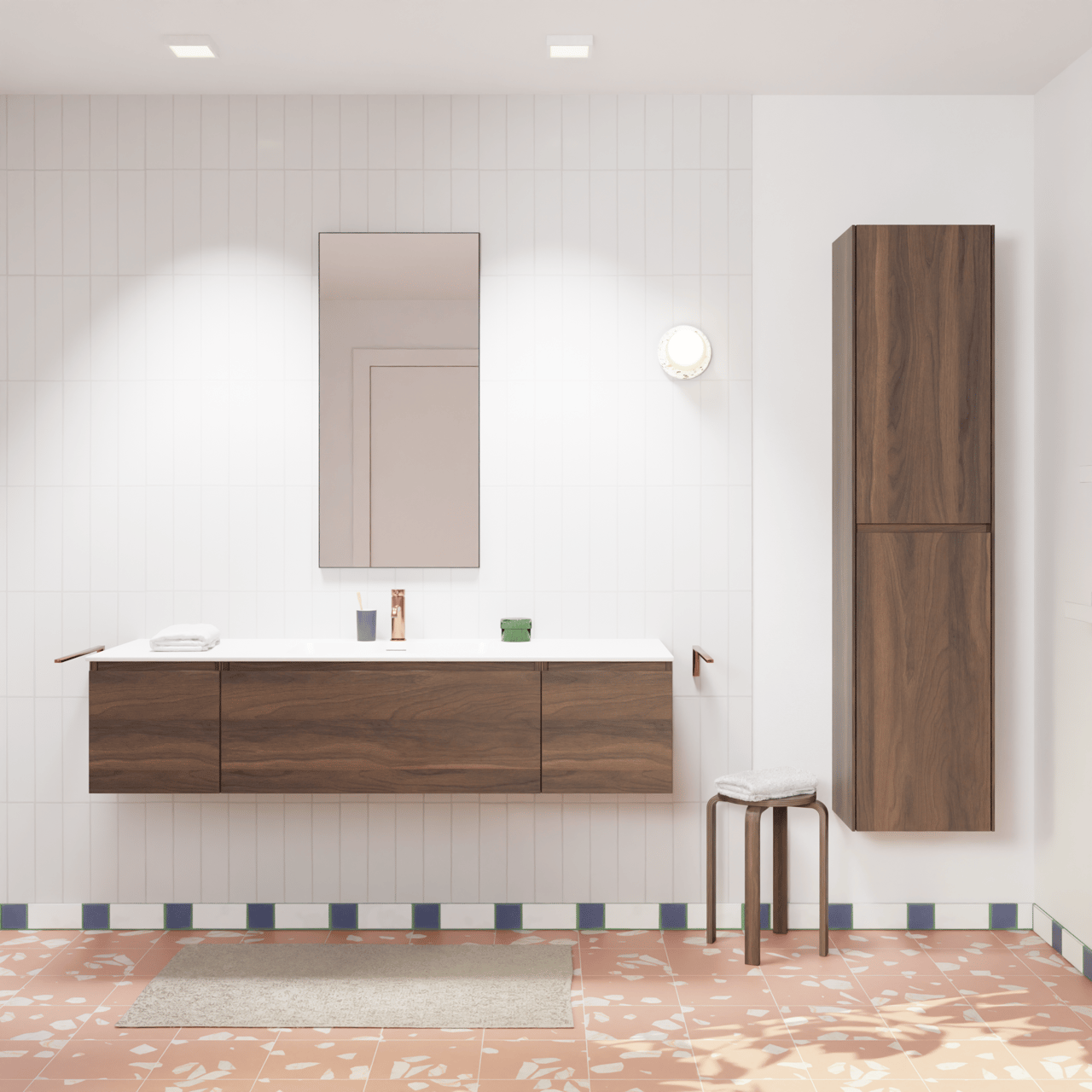 Storke Edge zwevend badmeubel 155 x 52 cm notenhout met Mata enkele wastafel in solid surface mat wit