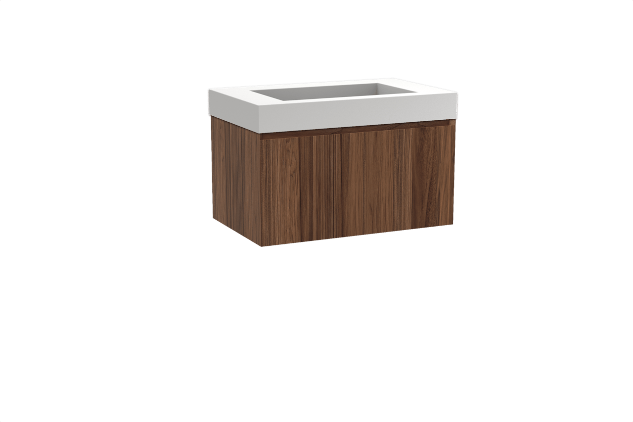 Balmani Idra zwevend badkamermeubel 90 x 55 cm notelaar met Modus enkele wastafel in solid surface mat wit