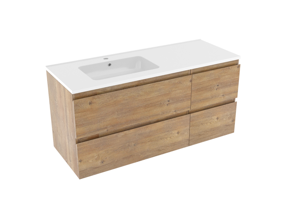 Linie Lado zwevend badkamermeubel 120 x 46 cm natuur eik met Vano asymmetrisch linkse wastafel in composietmarmer glanzend wit