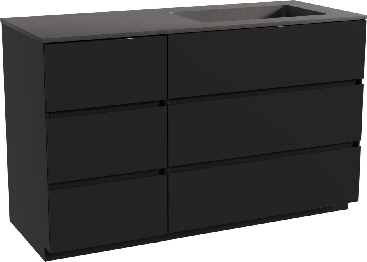 Storke Edge meuble salle de bains à poser 130 x 52 cm noir mat avec Scuro plan vasque asymétrique à droite en quartz noir mat