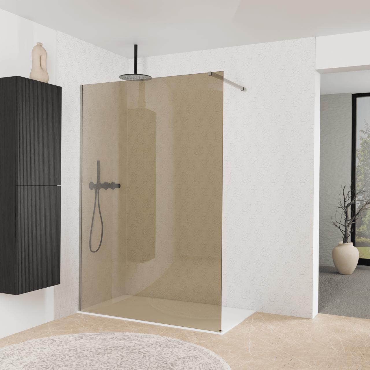 Balmani Modular inloopdouche: 140 x 200 cm, Brons glas met coating, Brushed Inox profielen