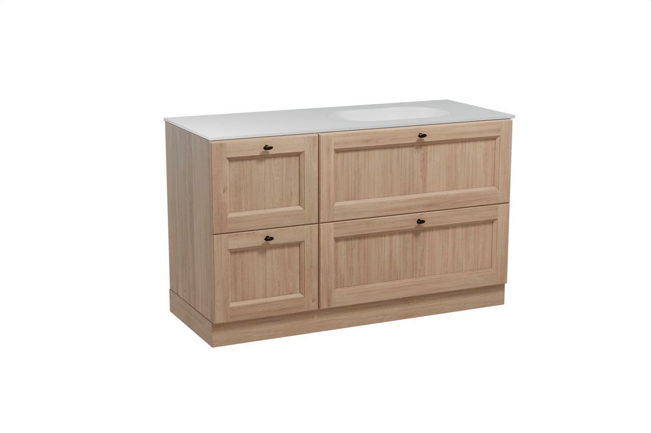 Balmani Lemon meuble salle de bains à poser 135 x 55 cm chêne vieilli avec Tablo Oval plan vasque asymétrique à droite en solid surface blanc mat