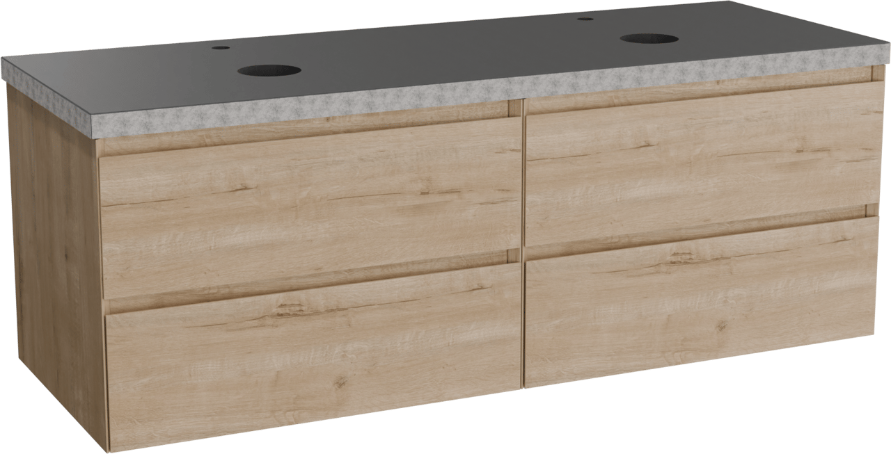 Balmani Mitra hängendes Möbelstück Set: 150 x 55 cm, Rohe Eiche, mit Rock Doppel Waschtischplatte, Schwarzes Granit